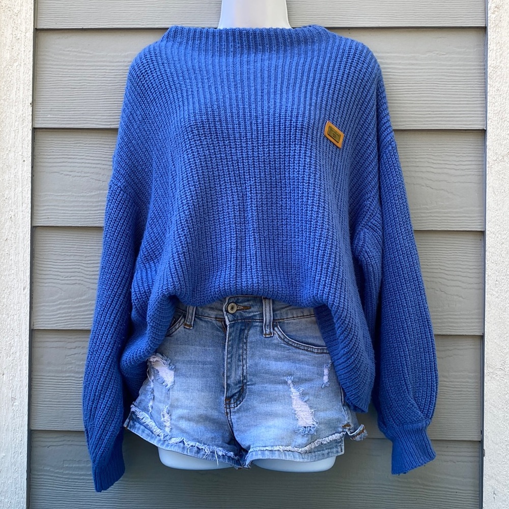 Blue Zaful Loose Fit Drop Shoulder Mock Neck Chunky Sweater Bishop Bell Sleeves
